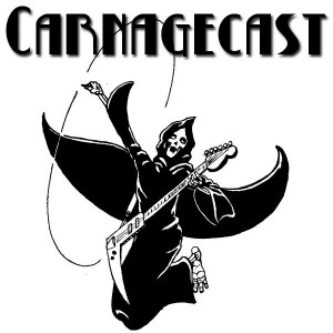 Carnagecast logo. The grim reaper leaps in the air, strumming a power chord on his scythe-guitar.