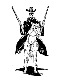 The grim reaper, wearing a ten gallon hat, rides a pale horse, a rifle in each hand.