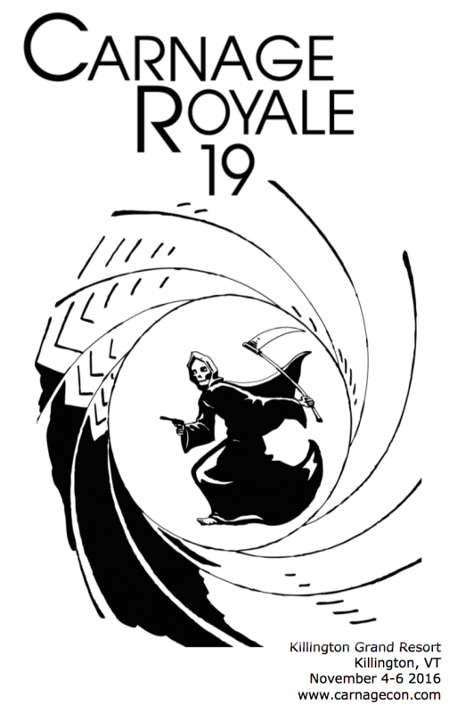 Cover of the Carnage Royale convention book. The grim reaper is sighted down the barrel of a gun, holding a pistol in its hand.