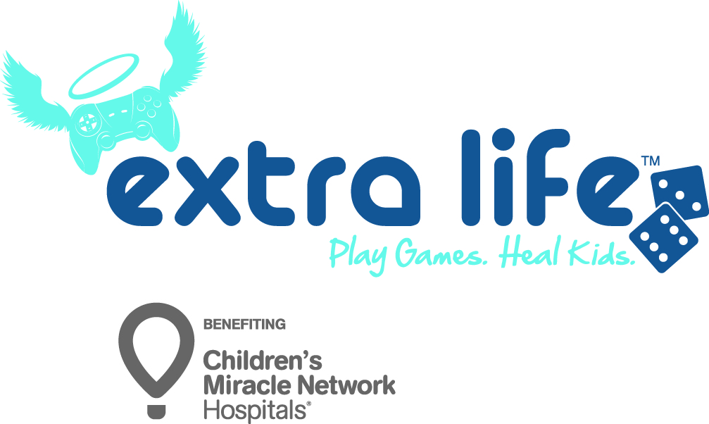 Extra Life charity logo. Slogan: "Play games. Heal kids." Benefiting Children's Miracle Network Hospitals.