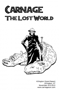 Carnage of the Lost World convention book cover: Death, wielding an elephant gun, stands with one foot on the neck of a dead tyrannosaurus.